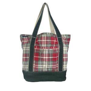 Lands’ End Plaid Canvas Tote Bag Red Green White Holiday Carryall